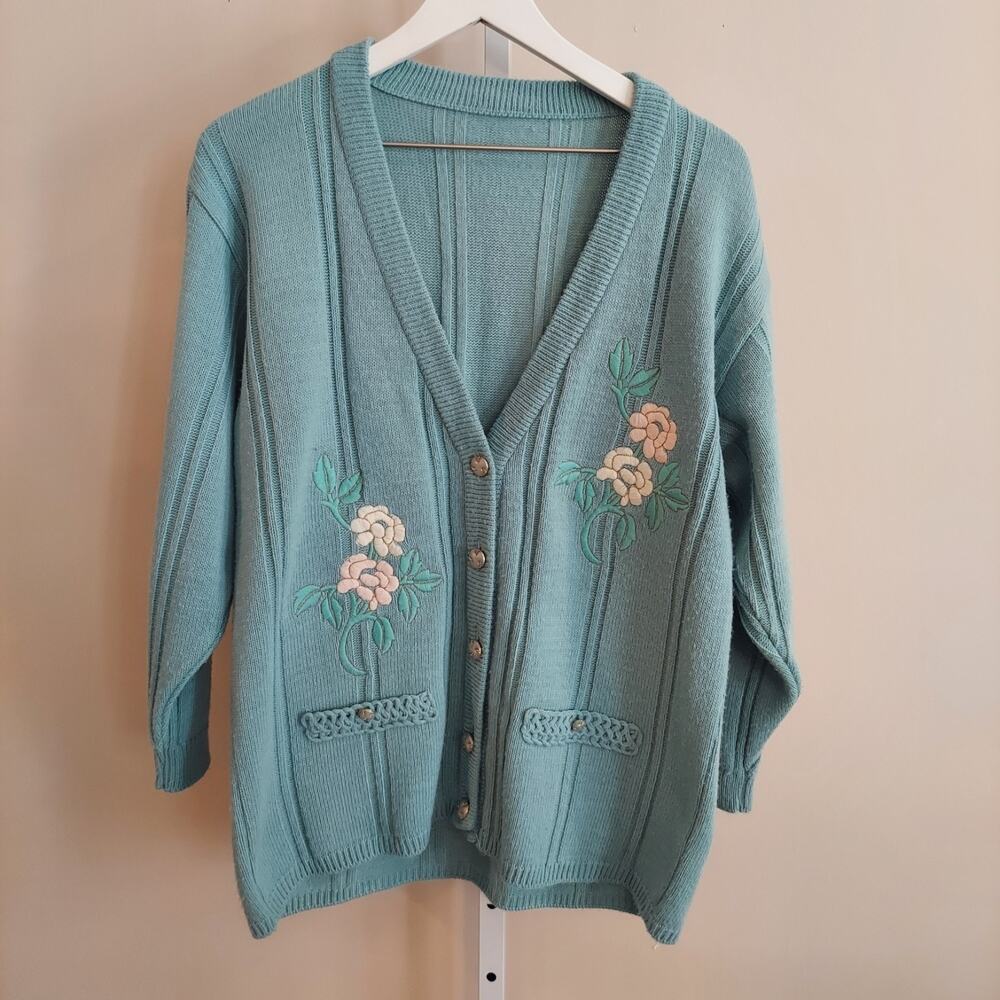 Vintage Embroidered Cardigan Sweater Coastal Grandma Longline V-Neck Cottagecore - Picture 1 of 7
